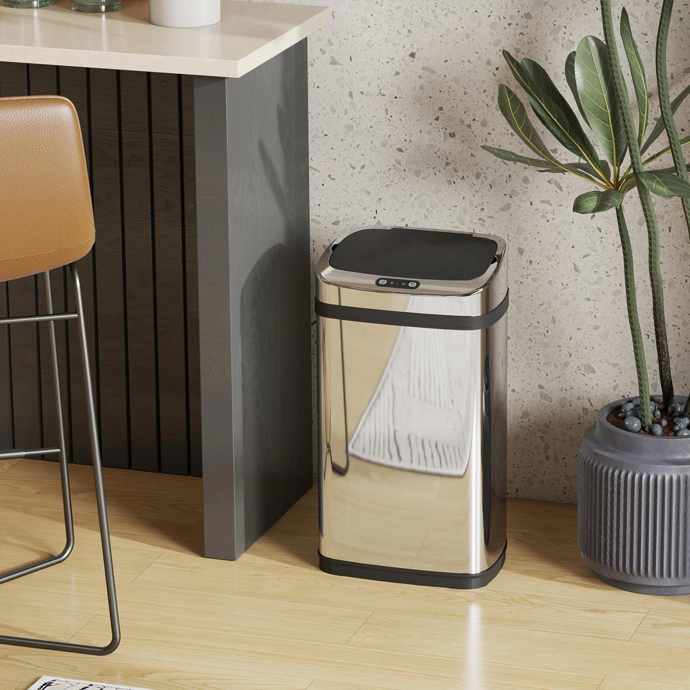 HOMCOM automatinė šiukšliadėžė su jutikliu, 30 l, kvadratinė, su išimamu vidiniu kibiru, nerūdijantis plienas