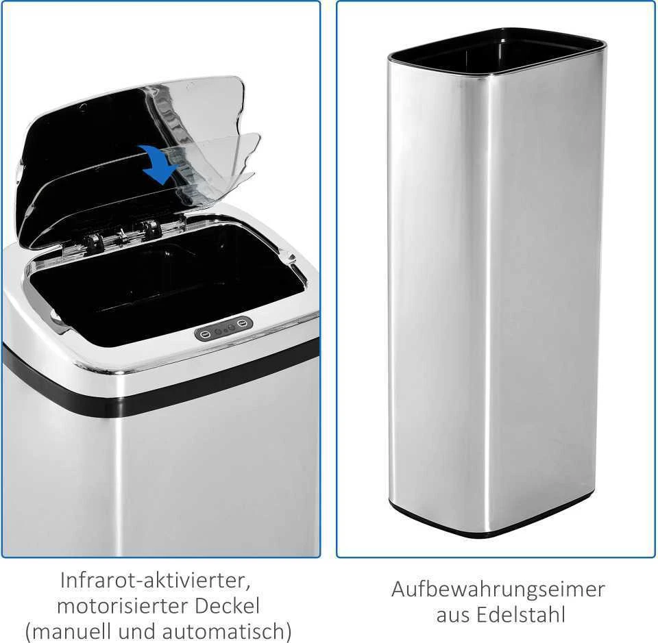 HOMCOM automatinė šiukšliadėžė su jutikliu, virtuvinė šiukšliadėžė iš nerūdijančio plieno, 50/68 l, sidabrinė (50 l)