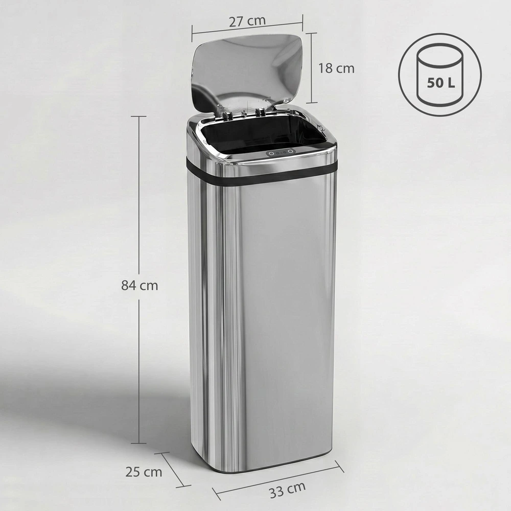 HOMCOM automatinė šiukšliadėžė su jutikliu, virtuvinė šiukšliadėžė iš nerūdijančio plieno, 50/68 l, sidabrinė (50 l)