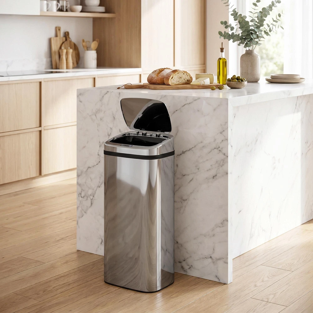 HOMCOM automatinė šiukšliadėžė su jutikliu, virtuvinė šiukšliadėžė iš nerūdijančio plieno, 50/68 l, sidabrinė (50 l)
