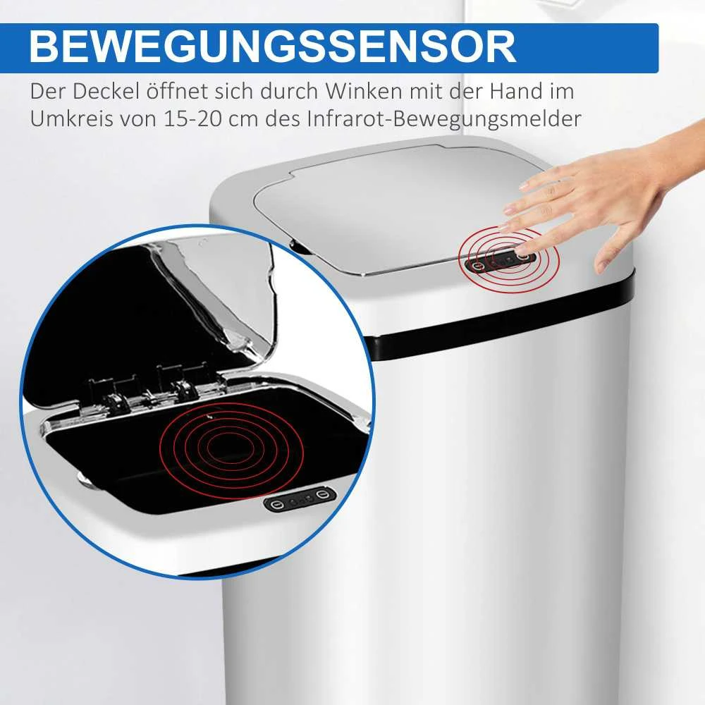 HOMCOM automatinė šiukšliadėžė su jutikliu, virtuvinė šiukšliadėžė iš nerūdijančio plieno, 50/68 l, sidabrinė (50 l)