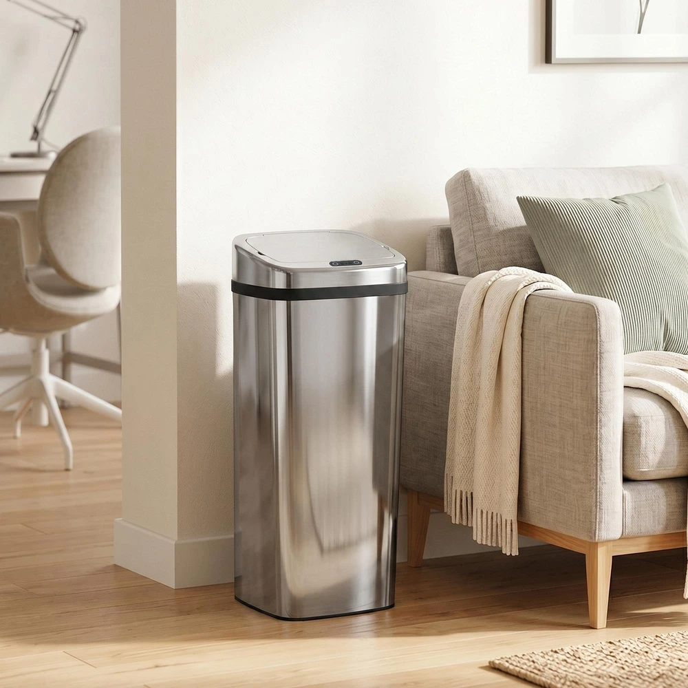 HOMCOM automatinė šiukšliadėžė su jutikliu, virtuvinė šiukšliadėžė iš nerūdijančio plieno, 50/68 l, sidabrinė (50 l)