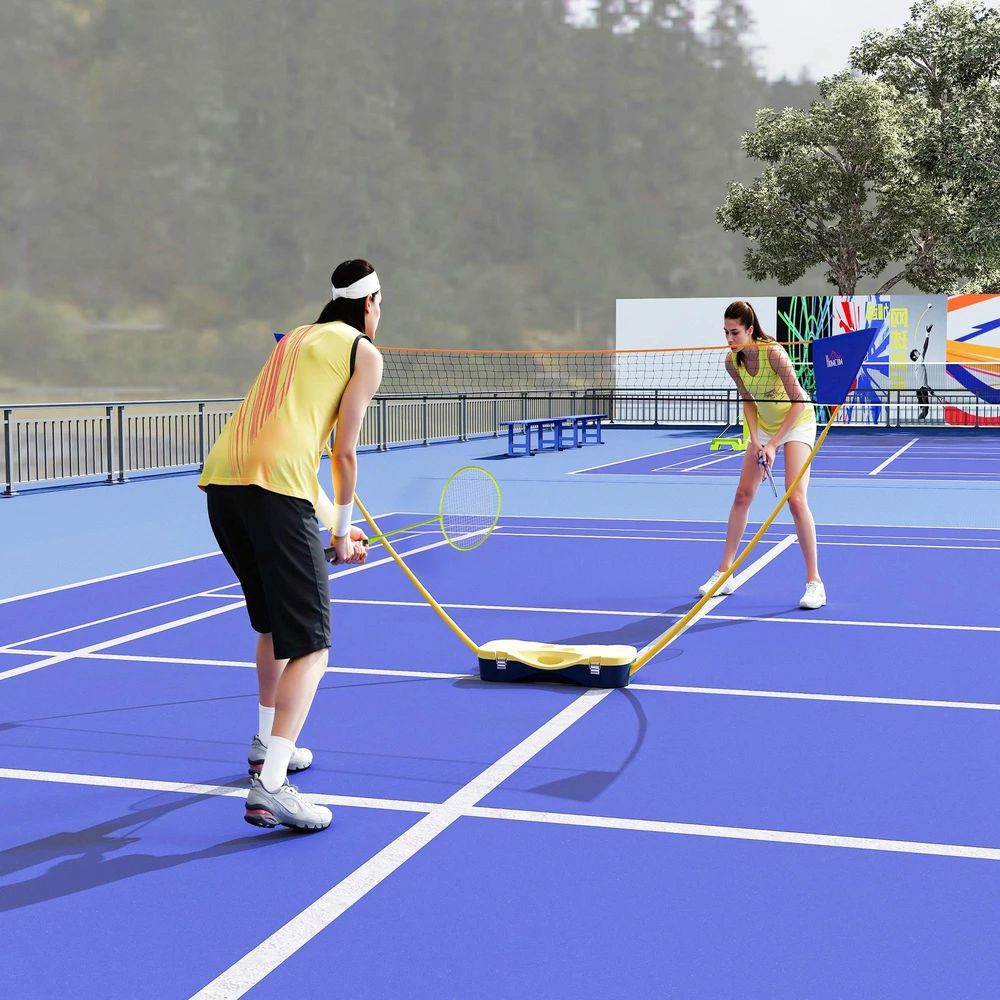HOMCOM badmintono tinklas su stovu, badmintono tinklo stovas, nešiojamas tinklo stovas, badmintono tinklas su 4 badmintono raketėmis, lauko sportui, geltona + mėlyna