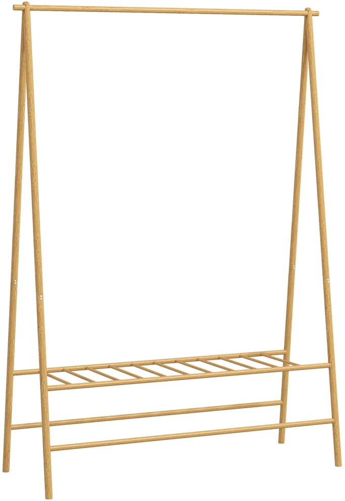 HOMCOM bambukinis drabužių stovas, kabykla su lentynomis ir kabliukais, drabužių kabykla su skersiniu, skirta koridoriui, svetainei, miegamajam, 116 x 43,5 x 160 cm, natūralaus medžio spalvos
