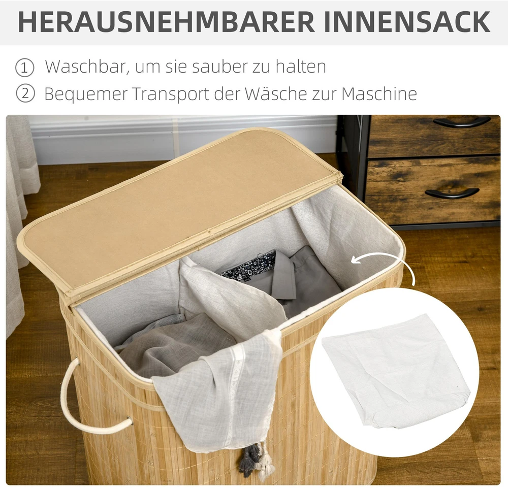 HOMCOM bambukinis skalbinių krepšys su dangčiu ir rankenomis, 90 litrų talpos, 2 skyrių su nuimamu medžiaginiu krepšiu – 54,2 x 35,2 x 59,5 cm