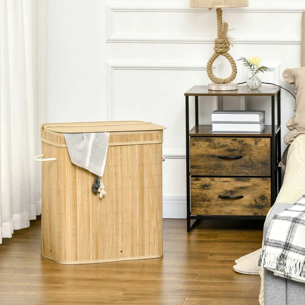 HOMCOM bambukinis skalbinių krepšys su dangčiu ir rankenomis, 90 litrų talpos, 2 skyrių su nuimamu medžiaginiu krepšiu – 54,2 x 35,2 x 59,5 cm