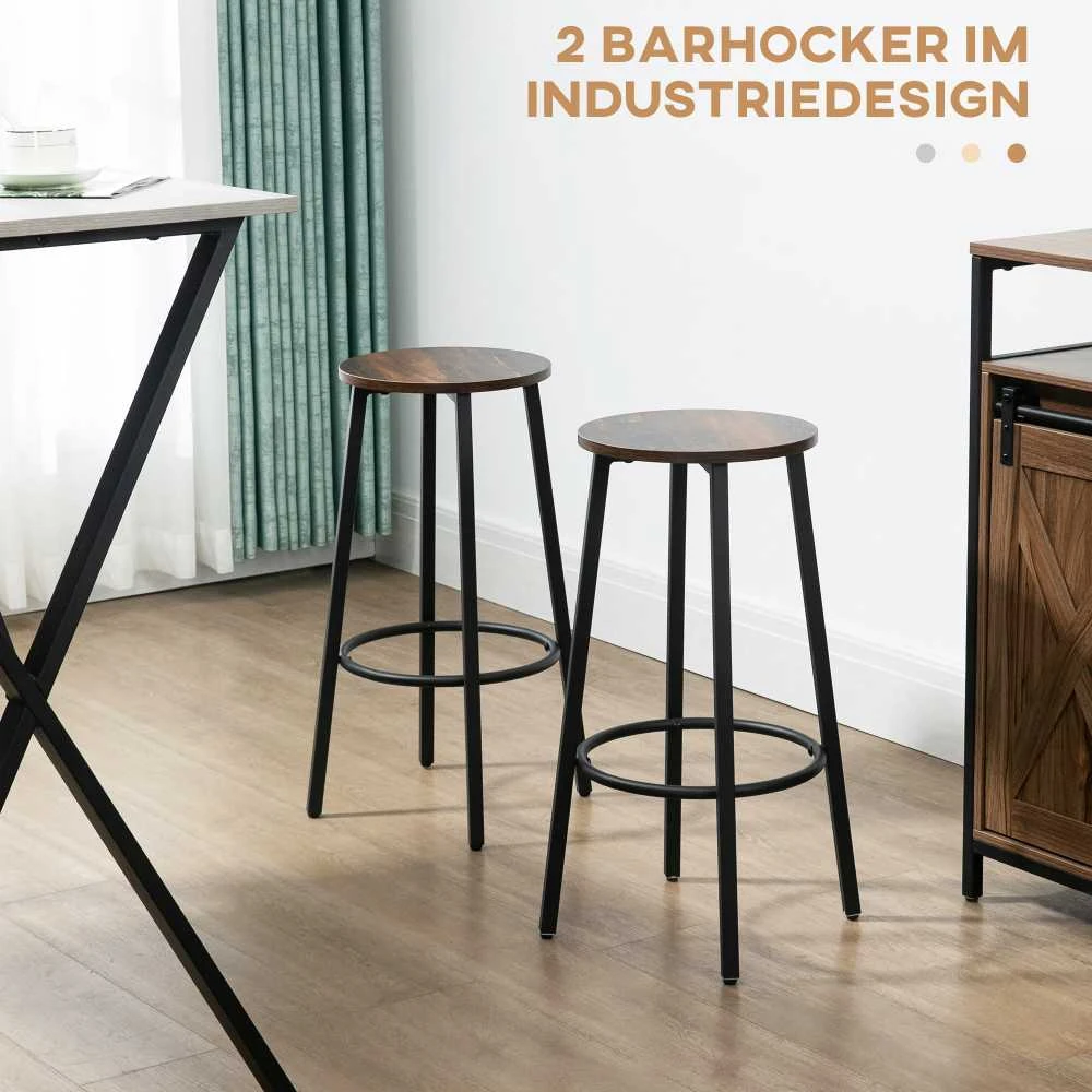 HOMCOM baro kėdės, 2 baro kėdžių rinkinys su atrama kojoms, baro kėdės su plieniniu rėmu, industrinio dizaino baro kėdės, virtuvės kėdės, rustiškai ruda