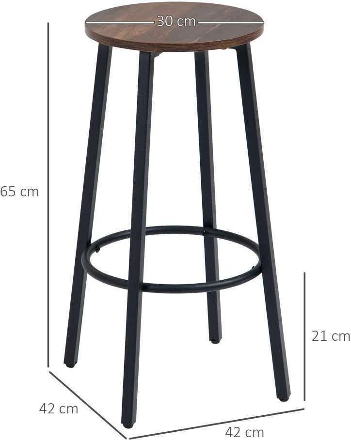 HOMCOM baro kėdės, 2 baro kėdžių rinkinys su atrama kojoms, baro kėdės su plieniniu rėmu, industrinio dizaino baro kėdės, virtuvės kėdės, rustiškai ruda