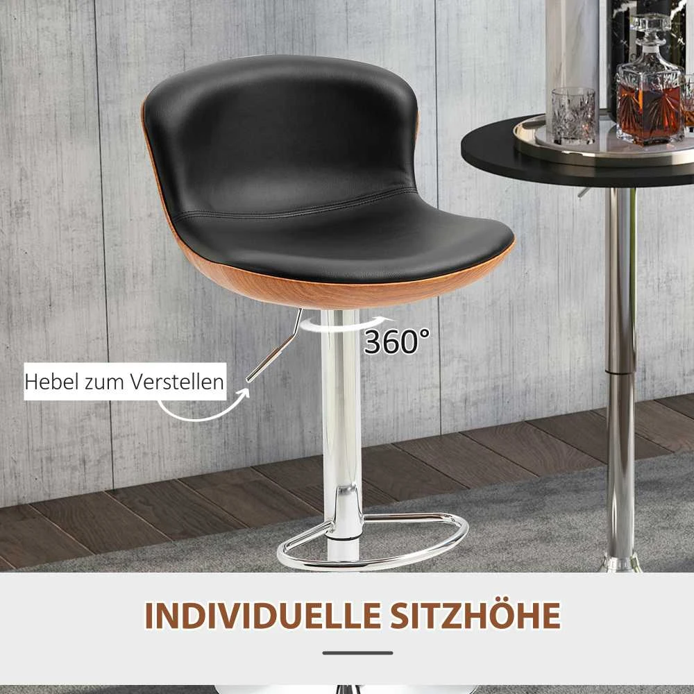HOMCOM baro kėdės su kojų atrama, baro kėdė su atlošu, bistro kėdė, reguliuojamo aukščio besisukanti valgomojo kėdė, dirbtinė oda, juoda, 2 vnt.