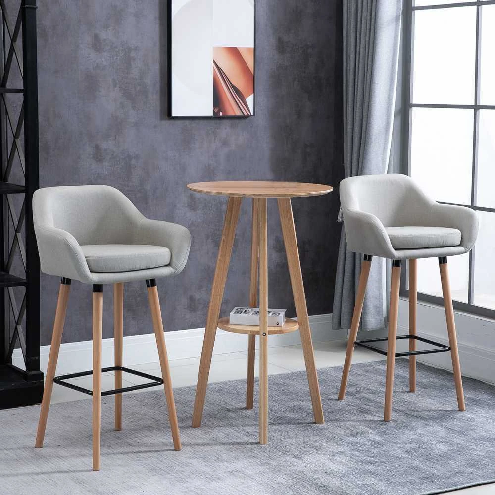 HOMCOM baro kėdės, 2 vnt. rinkinys, patogios lininės baro kėdės su sėdynės pagalvėlėmis, virtuvinės kėdės, bistro kėdės su kojų atramomis, buko medienos kojos, smėlio spalvos