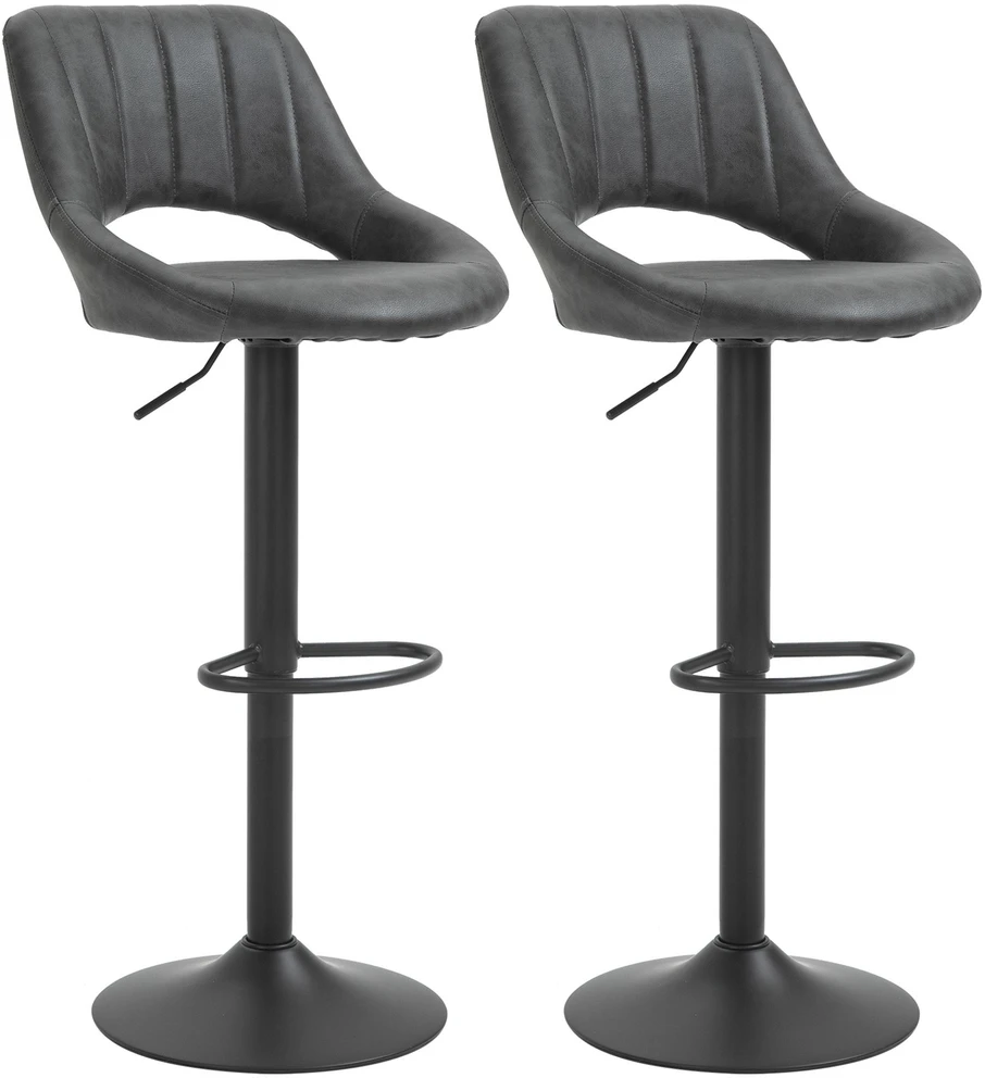 HOMCOM Baro kėdžių rinkinys, 2 taburetės, virtuvės kėdės, odos išvaizdos, pasukamos, reguliuojamo aukščio, su atrama kojoms, metalinis rėmas, 44 x 49 x 90-110 cm, pilkos spalvos