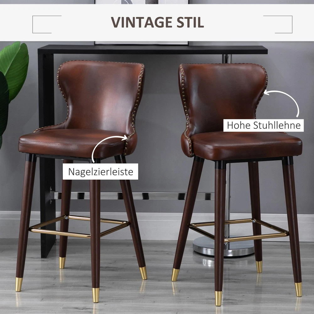 HOMCOM baro kėdžių rinkinys, 2 vnt., elegantiška baro kėdė su kojų atrama ir atlošu, bistro kėdė, valgomojo kėdė, PU oda, ruda, 52x53x101 cm