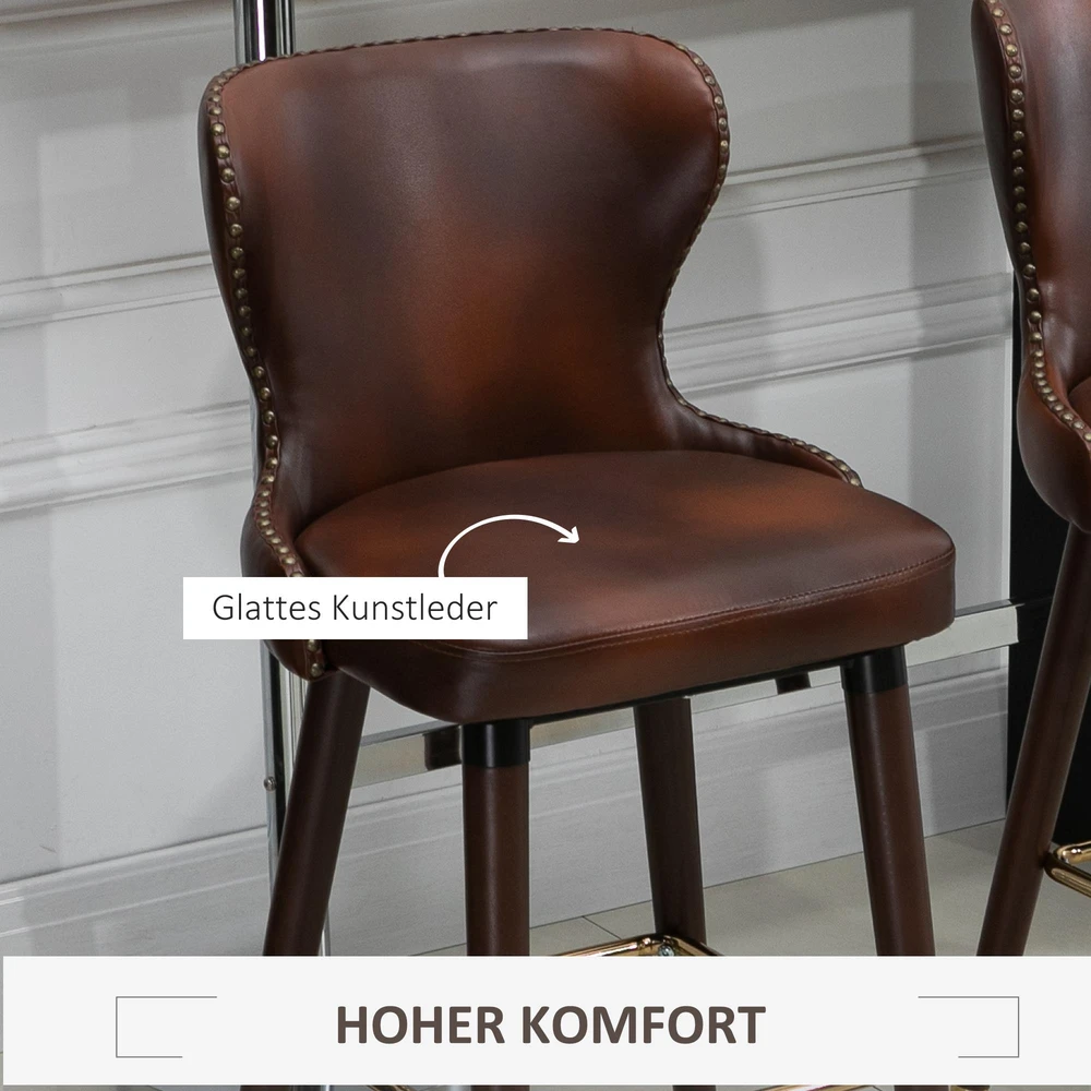 HOMCOM baro kėdžių rinkinys, 2 vnt., elegantiška baro kėdė su kojų atrama ir atlošu, bistro kėdė, valgomojo kėdė, PU oda, ruda, 52x53x101 cm