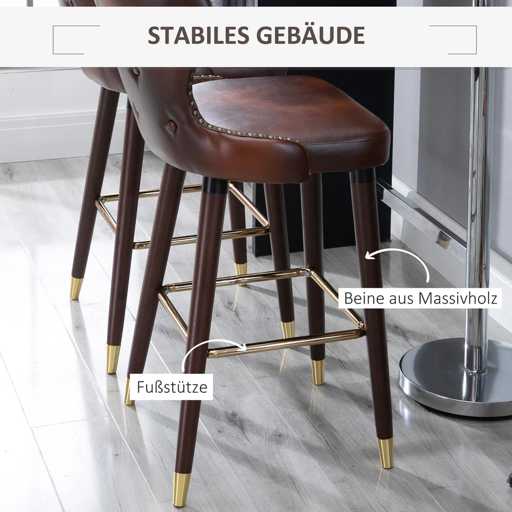 HOMCOM baro kėdžių rinkinys, 2 vnt., elegantiška baro kėdė su kojų atrama ir atlošu, bistro kėdė, valgomojo kėdė, PU oda, ruda, 52x53x101 cm
