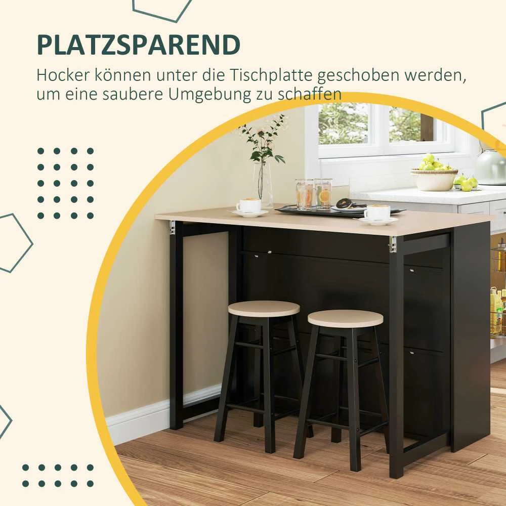 HOMCOM baro stalas su baro kėdžių rinkiniu, 3 dalių baro stalo komplektas, valgomasis stalas su sulankstomu stalviršiu, virtuvės stalas su spintele, valgomojo baldų komplektas svetainei, juodas