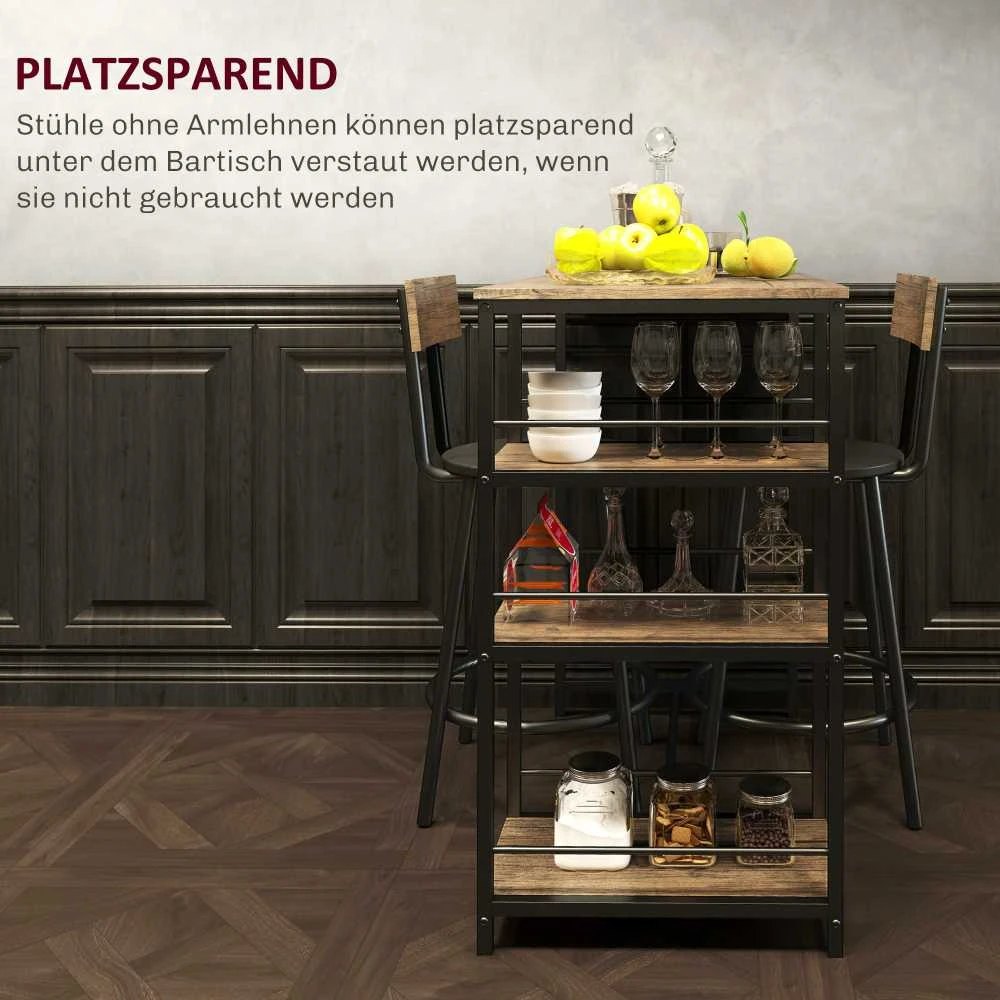 HOMCOM baro stalas su kėdėmis, 3 dalių rinkinys, su virtuviniu stalu, 3 lentynomis, 2 baro kėdėmis, modernaus stiliaus, valgomojo komplektas valgomajam, virtuvei, plienas, ąžuolo spalva