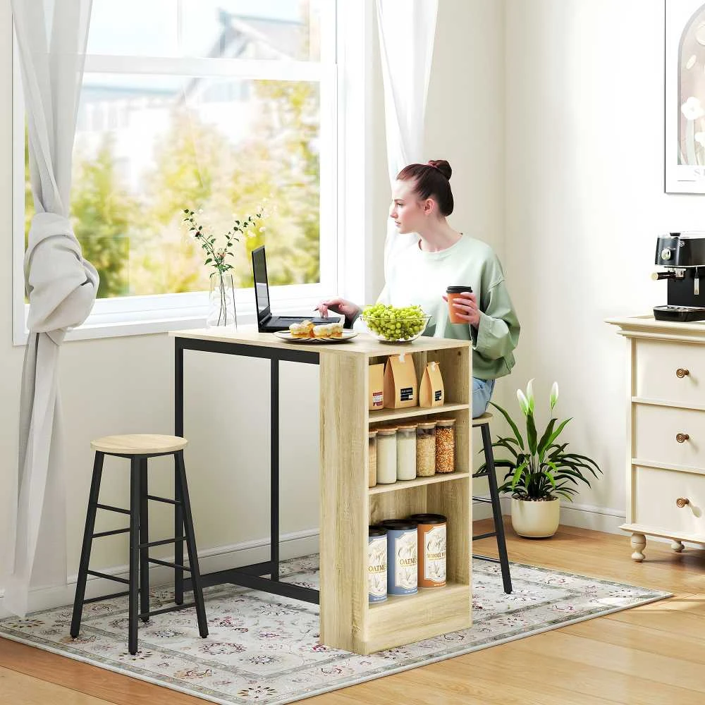 HOMCOM baro stalo ir kėdžių rinkinys, 3 dalių, su virtuviniu stalu, daiktadėže, 2 kėdėmis, kojų atramomis, modernaus stiliaus, taupantis vietą valgomojo komplektas valgomajam, virtuvei, plienas, ąžuolas