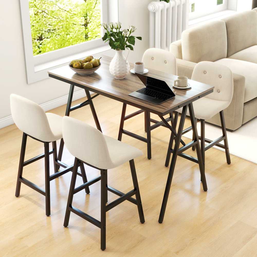 HOMCOM baro stalas su baro kėdžių rinkiniu, 5 dalių valgomojo komplektas, virtuvės stalas, bistro stalas su 4 kėdėmis, baro stalo rinkinys virtuvei, svetainei, plienas, smėlio spalvos, 120 x 60 x 91 cm