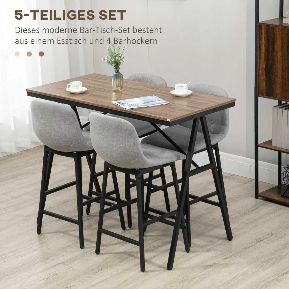 HOMCOM baro stalas su baro kėdžių komplektu, 5 dalių valgomojo komplektas, virtuvinis stalas, bistro stalas su 4 kėdėmis, baro stalo komplektas, metalas, šviesiai ruda, 120 x 60 x 91 cm