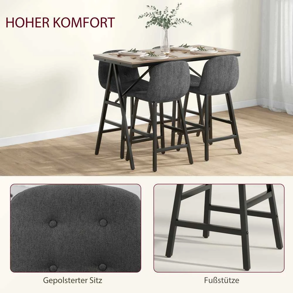 HOMCOM baro stalo ir kėdžių komplektas, 5 dalių valgomojo komplektas, virtuvinis stalas, bistro stalas su 4 kėdėmis, baro stalo komplektas virtuvei, svetainei, plienas, tamsiai pilkas, 120 x 60 x 91 cm