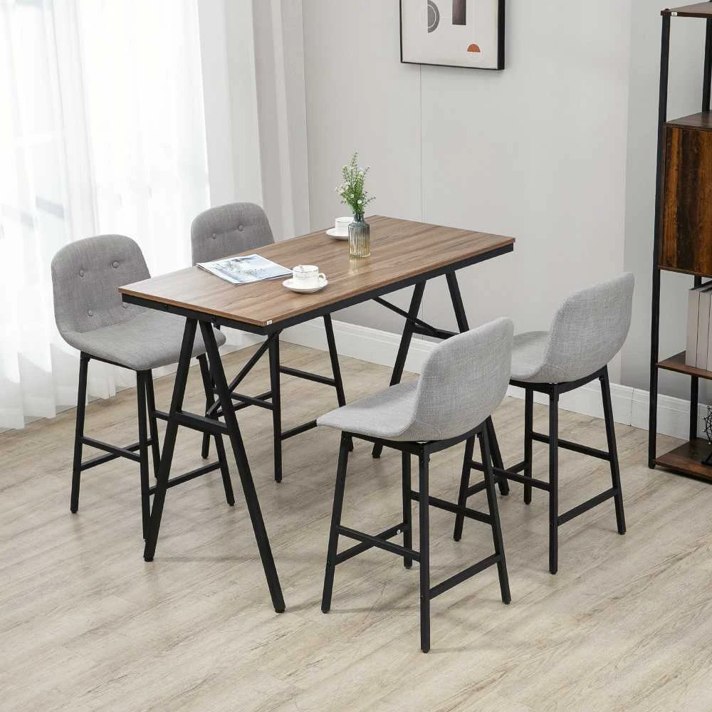 HOMCOM baro stalas su baro kėdžių komplektu, 5 dalių valgomojo komplektas, virtuvinis stalas, bistro stalas su 4 kėdėmis, baro stalo komplektas, metalas, šviesiai ruda, 120 x 60 x 91 cm