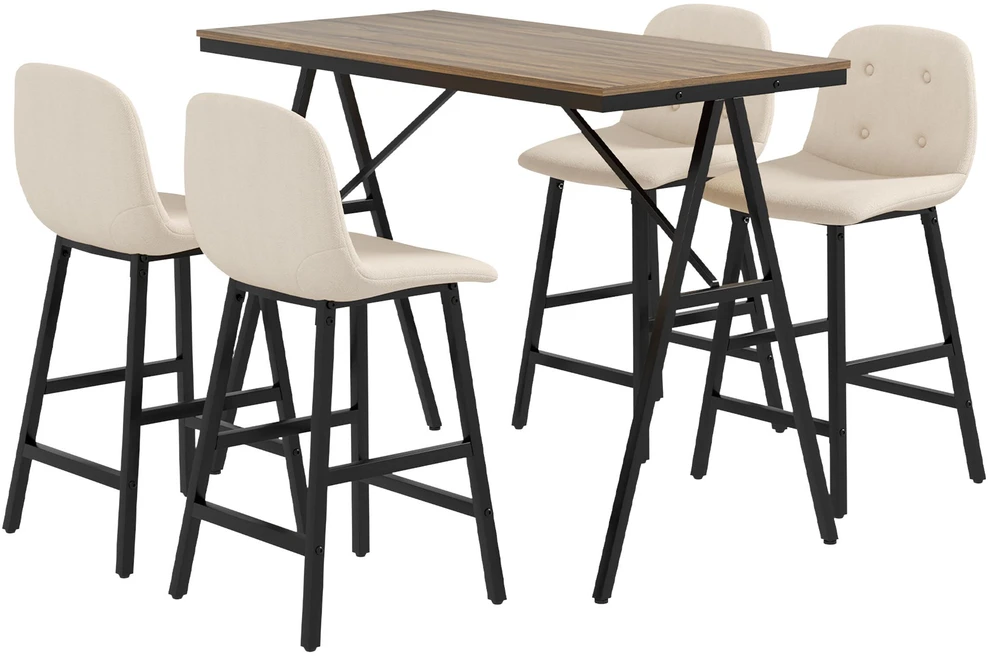 HOMCOM baro stalas su baro kėdžių rinkiniu, 5 dalių valgomojo komplektas, virtuvės stalas, bistro stalas su 4 kėdėmis, baro stalo rinkinys virtuvei, svetainei, plienas, smėlio spalvos, 120 x 60 x 91 cm