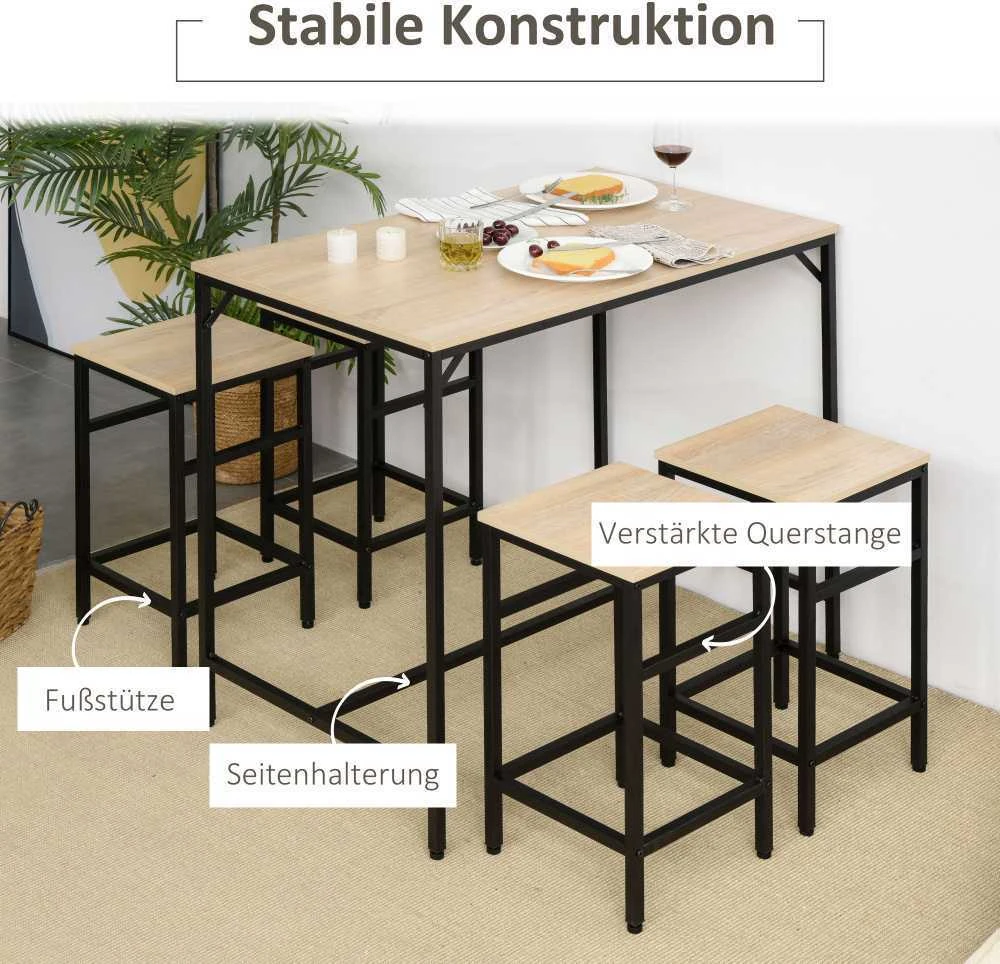 HOMCOM 5 dalių baro stalo komplektas, baro stalas su 4 kėdėmis, virtuvinis stalas, svetainei, plienas, ąžuolo ir juodos spalvos, 100x60x88 cm