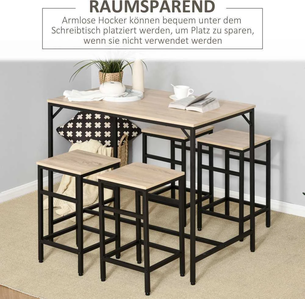 HOMCOM 5 dalių baro stalo komplektas, baro stalas su 4 kėdėmis, virtuvinis stalas, svetainei, plienas, ąžuolo ir juodos spalvos, 100x60x88 cm
