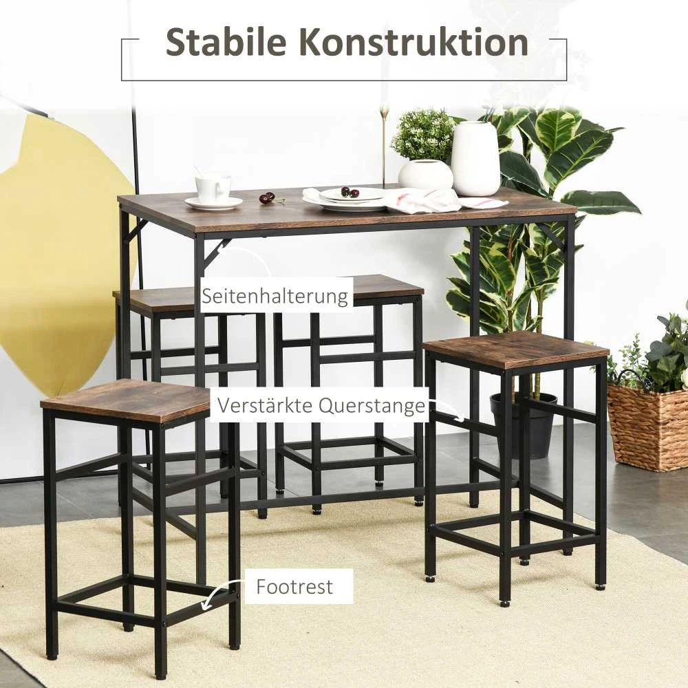 HOMCOM Baro stalo rinkinys, aukštas stalas su 4 baro kėdėmis, 5 dalių virtuvės stalo rinkinys, medžio drožlių plokštė / plienas, kaimiška ruda / juoda, 100x60x88cm