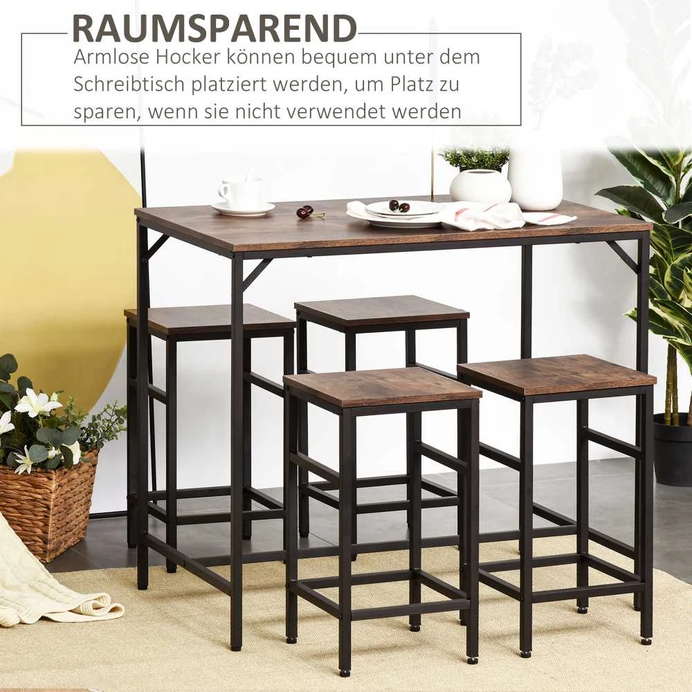 HOMCOM Baro stalo rinkinys, aukštas stalas su 4 baro kėdėmis, 5 dalių virtuvės stalo rinkinys, medžio drožlių plokštė / plienas, kaimiška ruda / juoda, 100x60x88cm