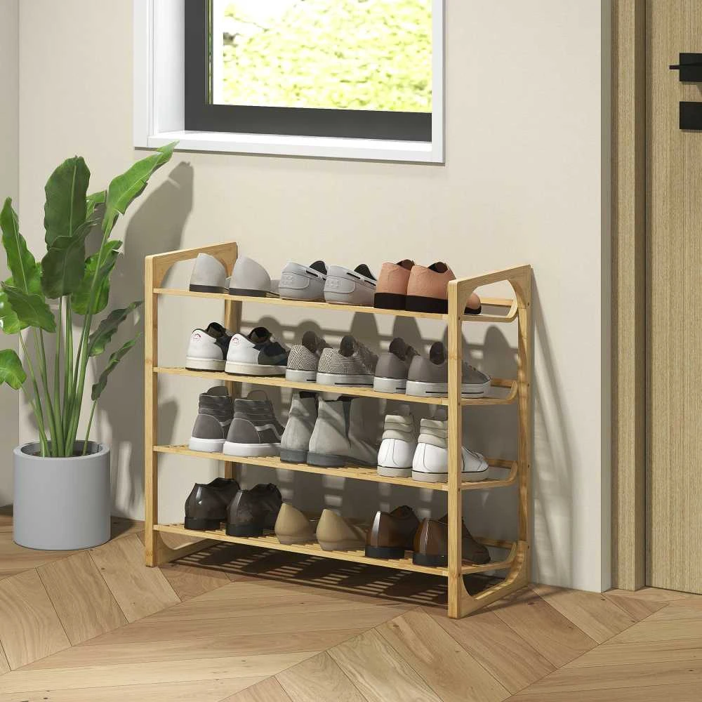 HOMCOM batų lentyna, 4 aukštų batų stovas iš bambuko, talpina iki 12 porų batų, batų lentyna su rankena prieškambariui, miegamajam, 76 x 33 x 67 cm, natūrali