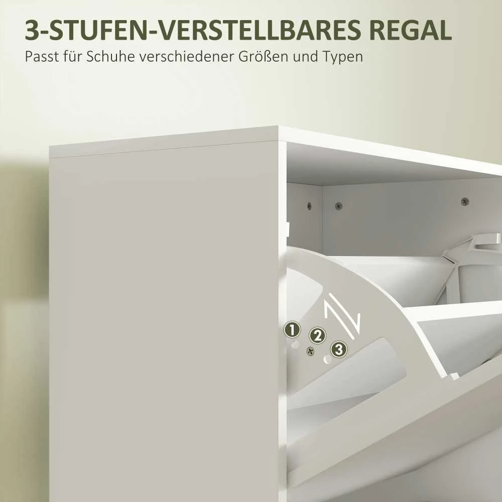 HOMCOM batų spintelė su 3 atlenkiamomis lentynomis, batų lentyna su reguliuojama pertvara, siaura batų komoda, batų dėžė 12 porų batų, 47 x 26 x 120 cm, balta