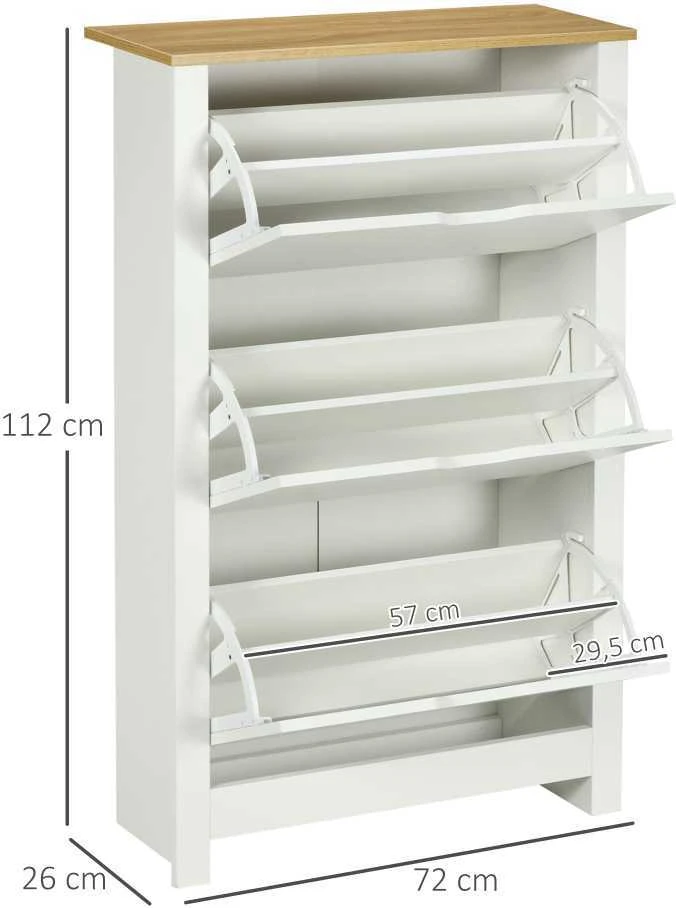 HOMCOM batų spintelė su 3 skyriais, 18 porų batų, vietą taupanti batų lentyna, balta ir natūralaus medžio spalvos, 72 x 26 x 112 cm