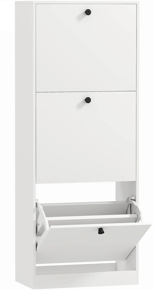 HOMCOM batų spintelė su 3 atlenkiamomis lentynomis, batų lentyna su reguliuojama pertvara, siaura batų komoda, batų dėžė 12 porų batų, 47 x 26 x 120 cm, balta