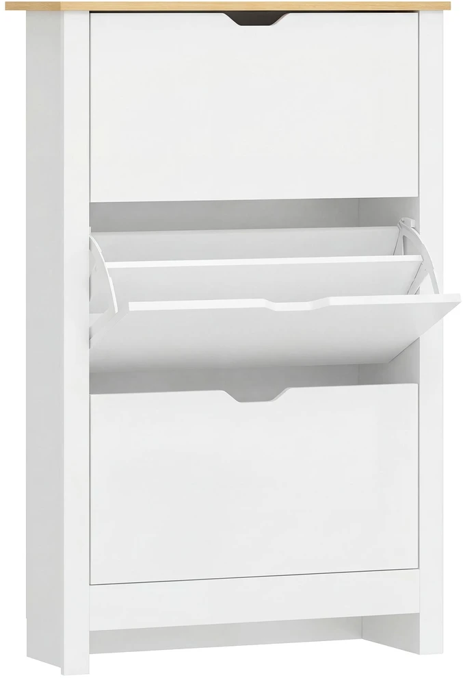 HOMCOM batų spintelė su 3 skyriais, 18 porų batų, vietą taupanti batų lentyna, balta ir natūralaus medžio spalvos, 72 x 26 x 112 cm