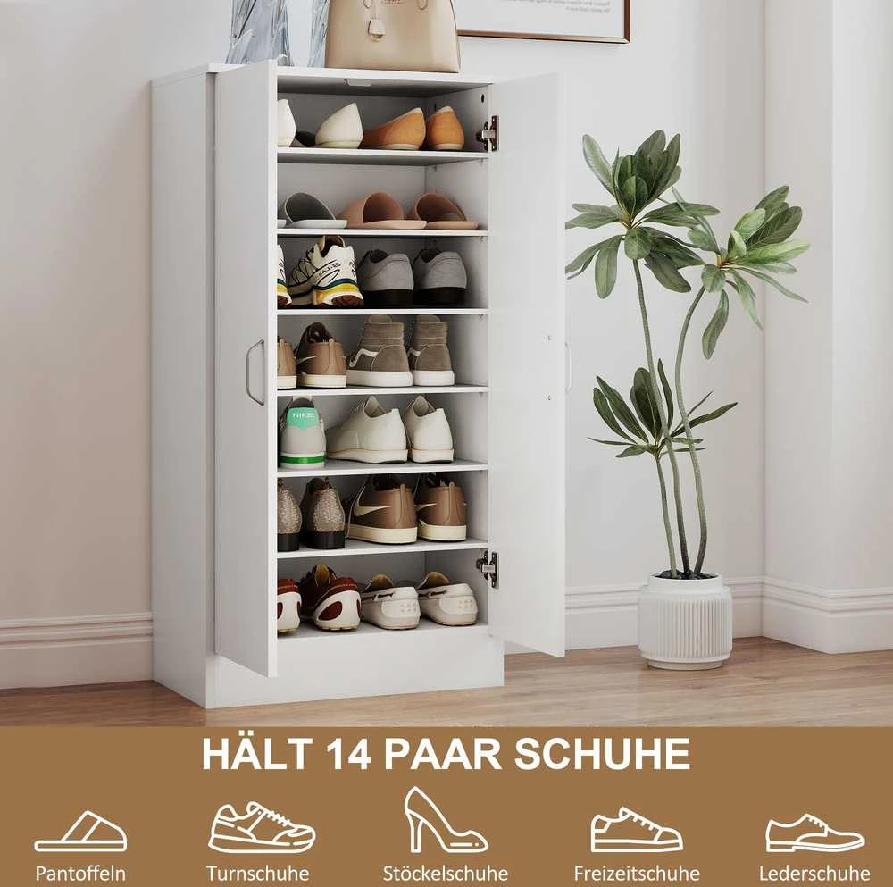 HOMCOM batų spintelė su „soft-close“ lankstais, reguliuojamos lentynos, 6 pakopų batų lentyna koridoriui, prieškambariui, talpinanti 14 porų, 55 x 35 x 108 cm, medinė, balta