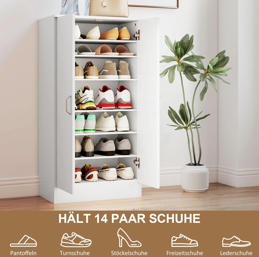 HOMCOM batų spintelė su „soft-close“ lankstais, reguliuojamos lentynos, 6 pakopų batų lentyna koridoriui, prieškambariui, talpinanti 14 porų, 55 x 35 x 108 cm, medinė, balta