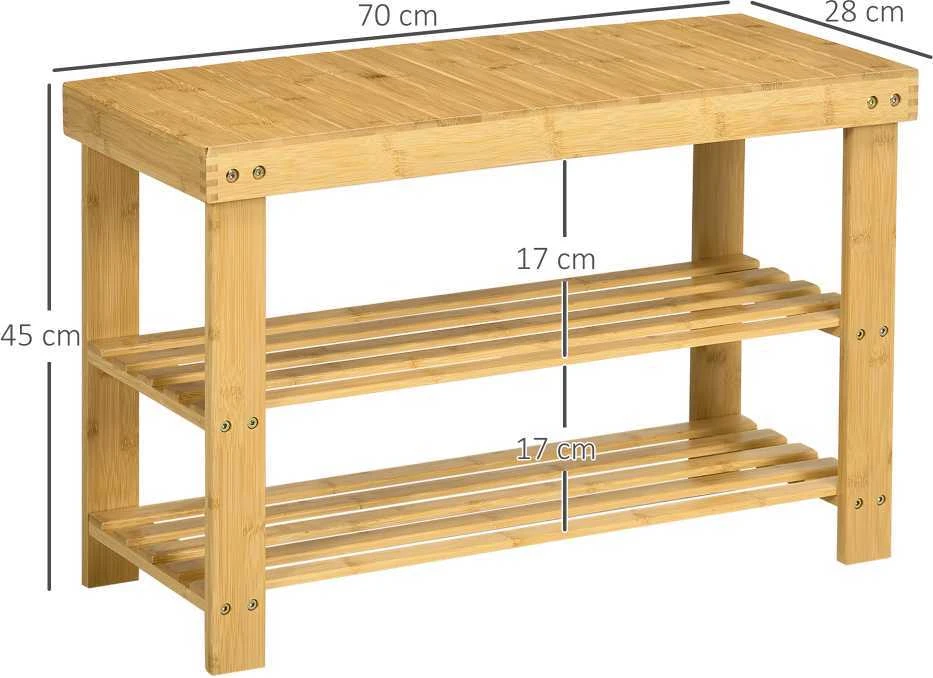 HOMCOM batų suoliukas, batų lentyna su 3 pakopomis, bambukinis suoliukas, suoliukas prieškambariui 6 poroms batų, batų laikymo spintelė, natūrali spalva, 70 x 28 x 45 cm