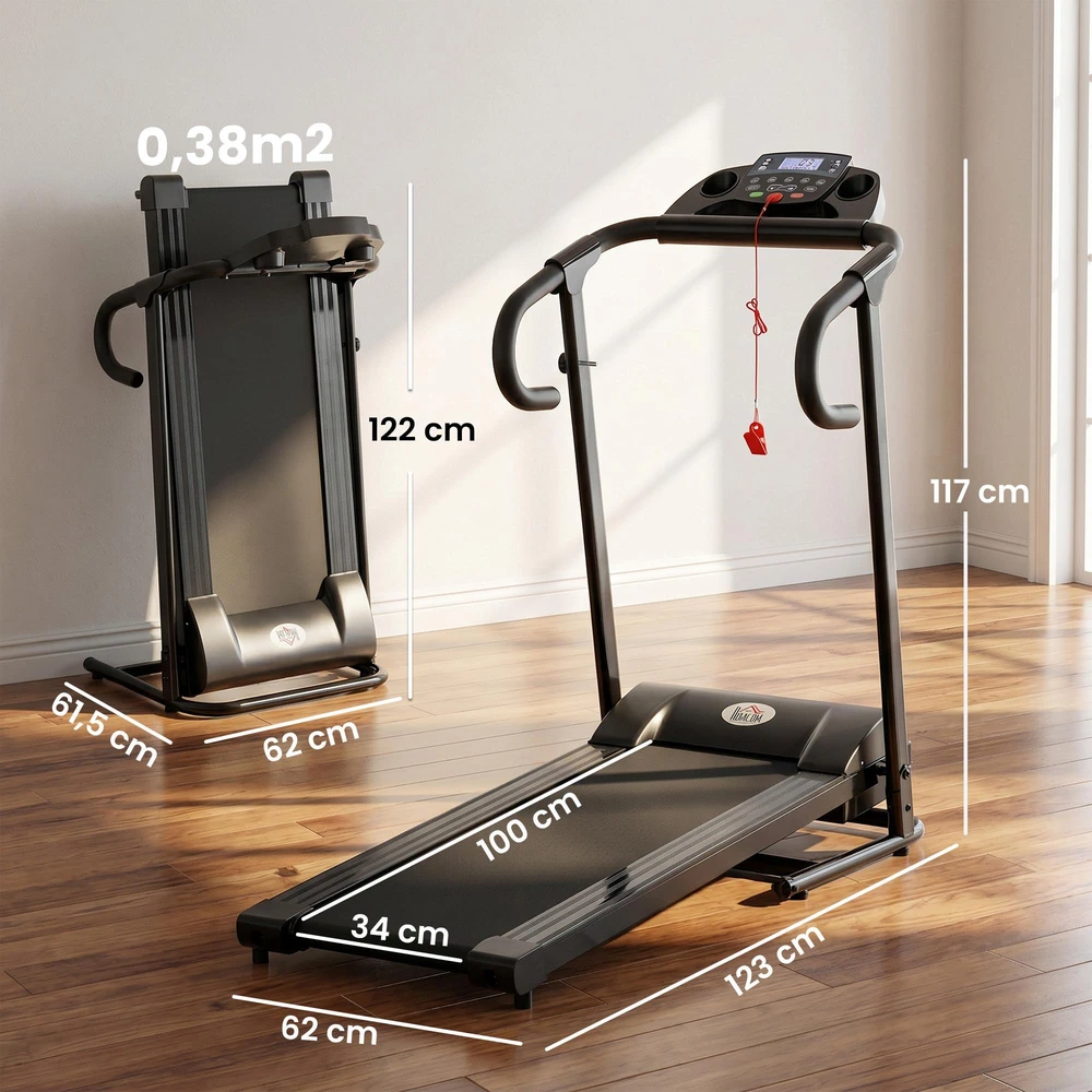 HOMCOM sulankstomas elektrinis bėgimo takelis, 500 W, 0,8-10 km/val., LCD ekranas, puodelių laikikliai, juodas, 123x62x117 cm