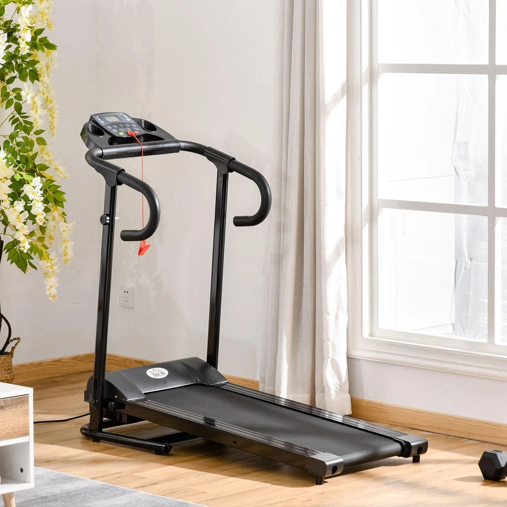 HOMCOM sulankstomas elektrinis bėgimo takelis, 500 W, 0,8-10 km/val., LCD ekranas, puodelių laikikliai, juodas, 123x62x117 cm