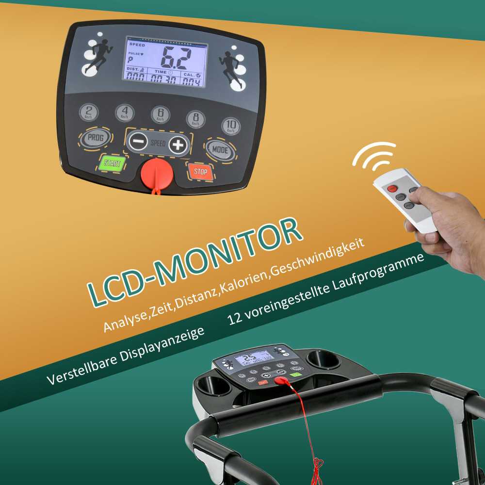 HOMCOM sulankstomas elektrinis bėgimo takelis, 500 W, 0,8-10 km/val., LCD ekranas, puodelių laikikliai, juodas, 123x62x117 cm