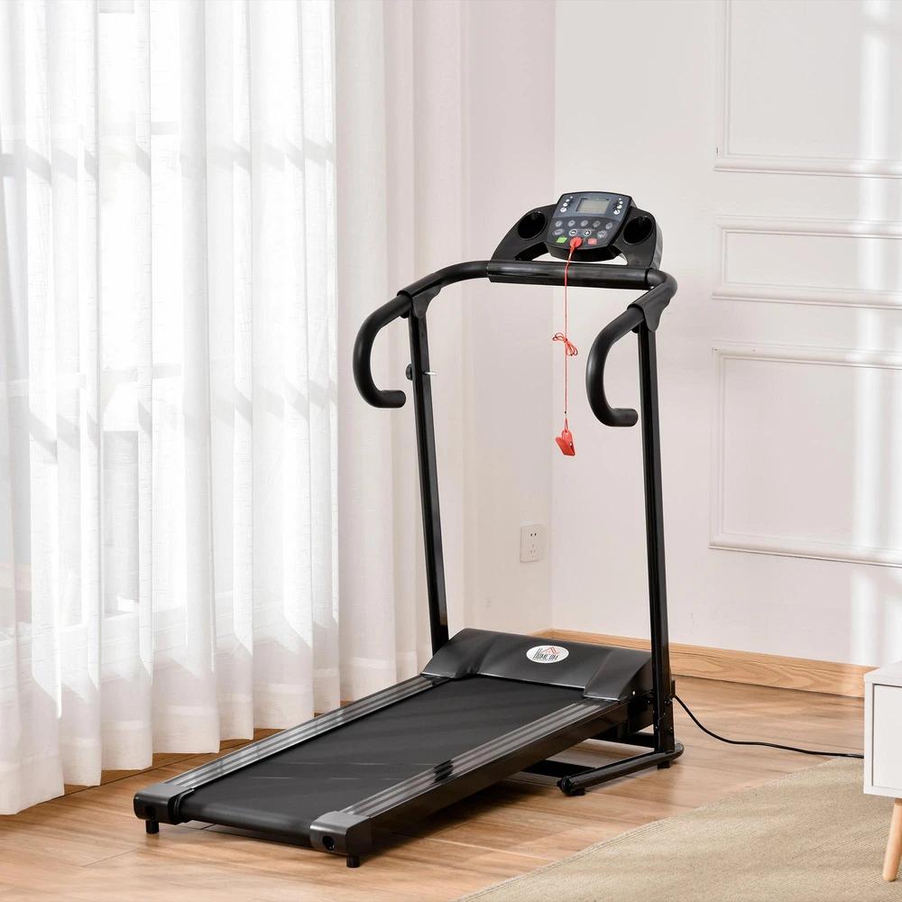 HOMCOM sulankstomas elektrinis bėgimo takelis, 500 W, 0,8-10 km/val., LCD ekranas, puodelių laikikliai, juodas, 123x62x117 cm