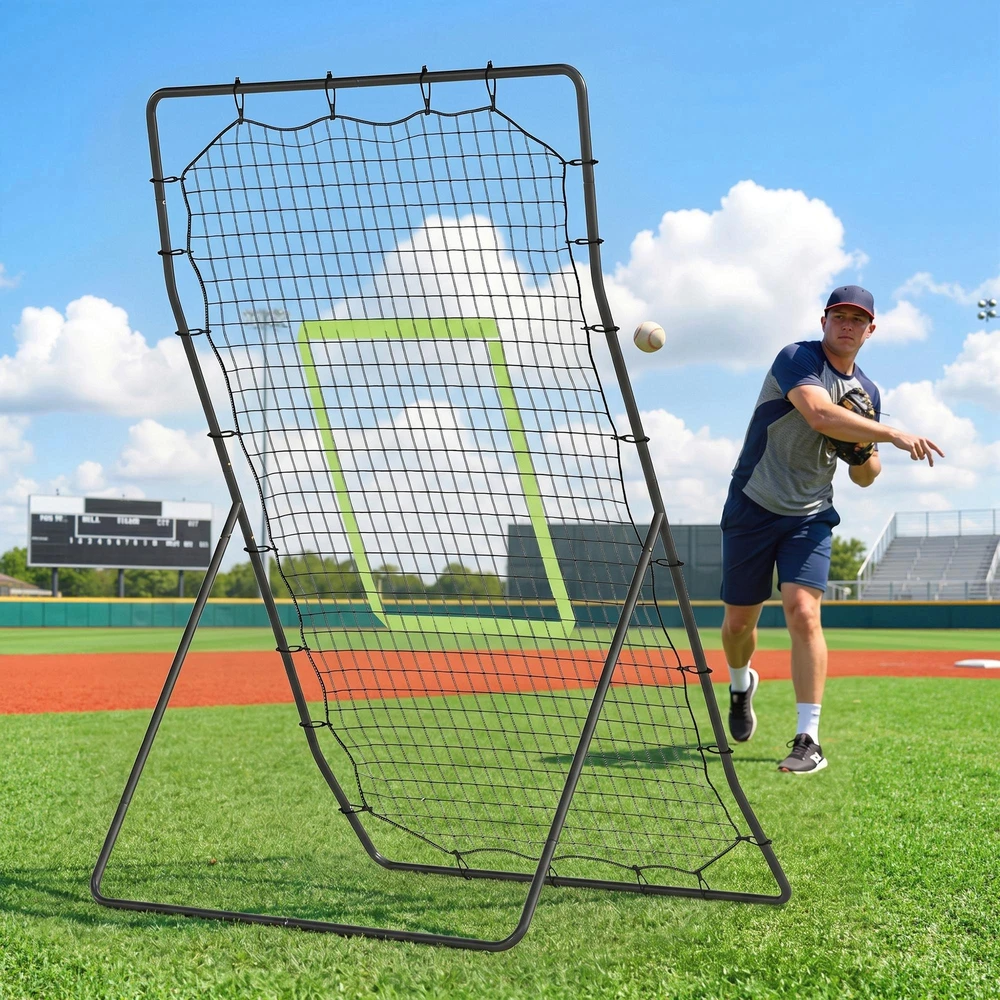 "HOMCOM" beisbolo atmušimo įrenginys "PitchBack", nešiojamasis atmušimo sienelės tinklas su smūgio zona beisbolui, futbolui, metalinis, juodas, 123 x 174 cm