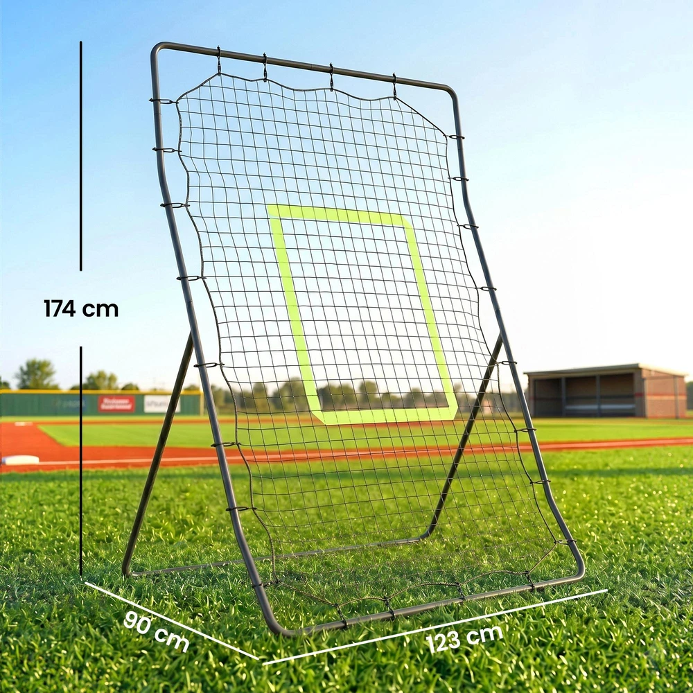 "HOMCOM" beisbolo atmušimo įrenginys "PitchBack", nešiojamasis atmušimo sienelės tinklas su smūgio zona beisbolui, futbolui, metalinis, juodas, 123 x 174 cm
