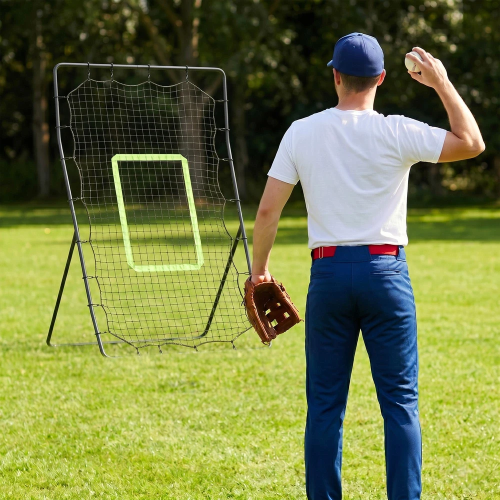 "HOMCOM" beisbolo atmušimo įrenginys "PitchBack", nešiojamasis atmušimo sienelės tinklas su smūgio zona beisbolui, futbolui, metalinis, juodas, 123 x 174 cm