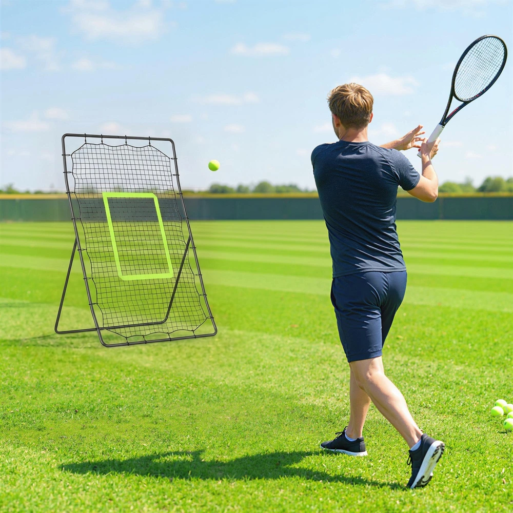 "HOMCOM" beisbolo atmušimo įrenginys "PitchBack", nešiojamasis atmušimo sienelės tinklas su smūgio zona beisbolui, futbolui, metalinis, juodas, 123 x 174 cm