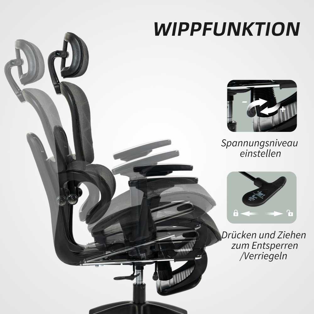 HOMCOM ergonominė biuro kėdė su porankiais, galvos atrama, juosmens atrama, reguliuojamo aukščio tinkline pasukama kėdė su supimosi funkcija, atlošimo funkcija, kojų atrama, juoda