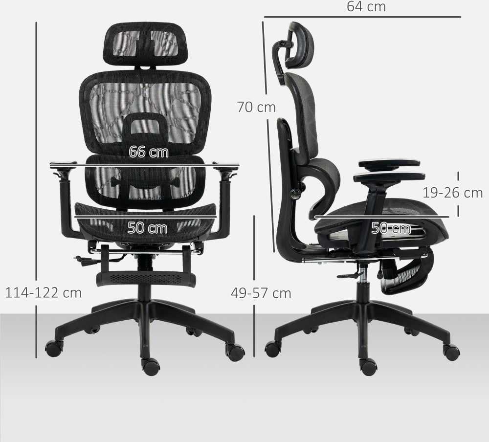 HOMCOM ergonominė biuro kėdė su porankiais, galvos atrama, juosmens atrama, reguliuojamo aukščio tinkline pasukama kėdė su supimosi funkcija, atlošimo funkcija, kojų atrama, juoda