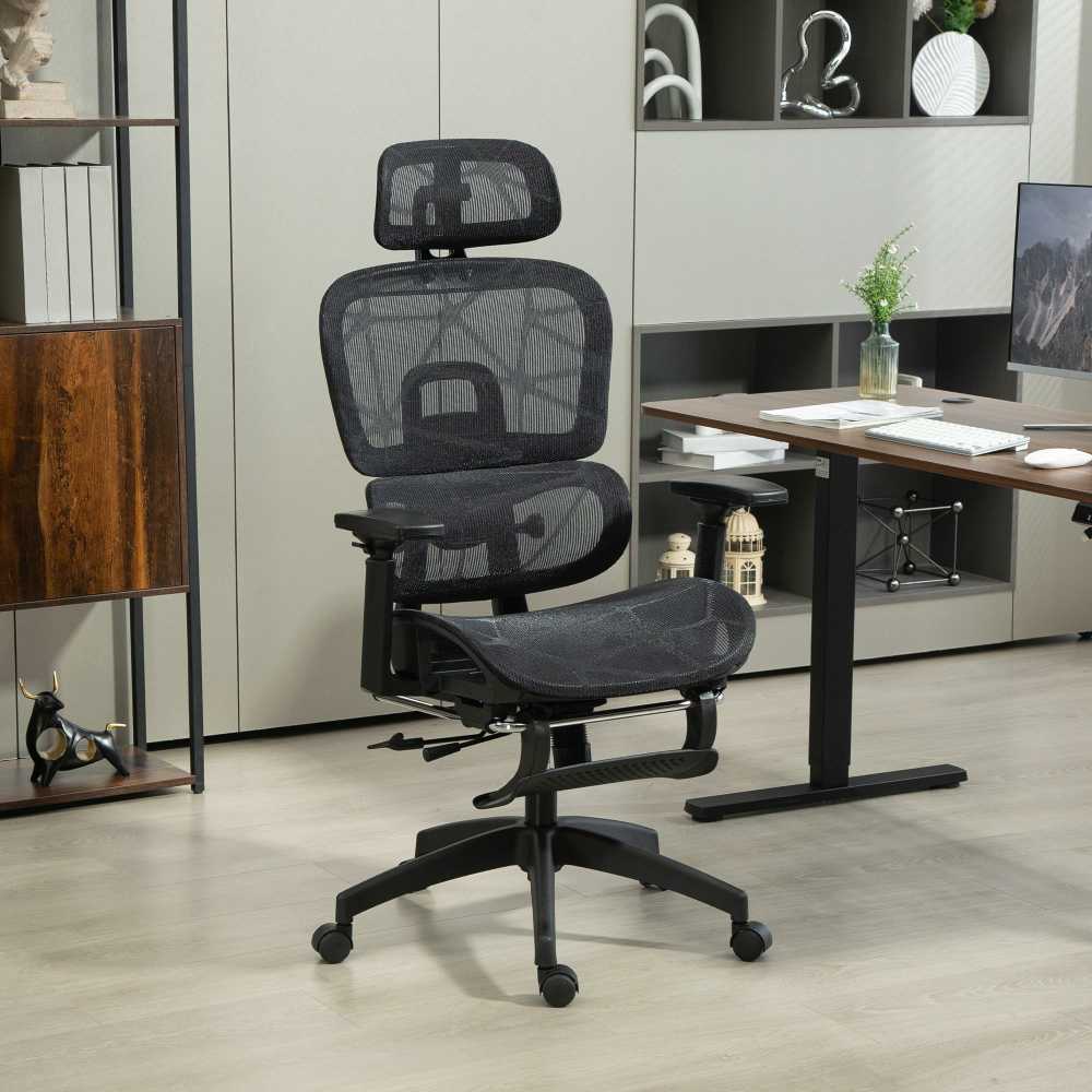 HOMCOM ergonominė biuro kėdė su porankiais, galvos atrama, juosmens atrama, reguliuojamo aukščio tinkline pasukama kėdė su supimosi funkcija, atlošimo funkcija, kojų atrama, juoda