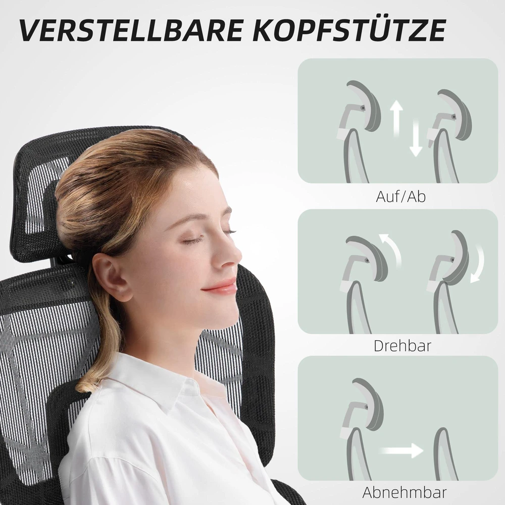 HOMCOM ergonominė biuro kėdė su porankiais, galvos atrama, juosmens atrama, reguliuojamo aukščio tinkline pasukama kėdė su supimosi funkcija, atlošimo funkcija, kojų atrama, juoda